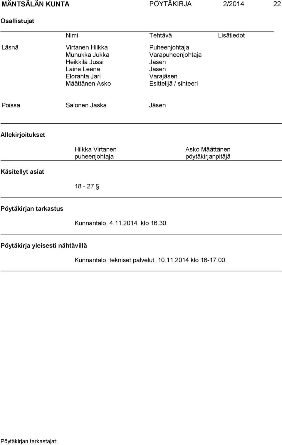 Salonen Jaska Jäsen Allekirjoitukset Hilkka Virtanen puheenjohtaja Asko Määttänen pöytäkirjanpitäjä Käsitellyt asiat 18-27