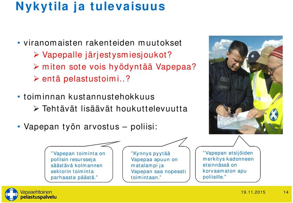 .? toiminnan kustannustehokkuus Tehtävät lisäävät houkuttelevuutta Vapepan työn arvostus poliisi: Vapepan toiminta on