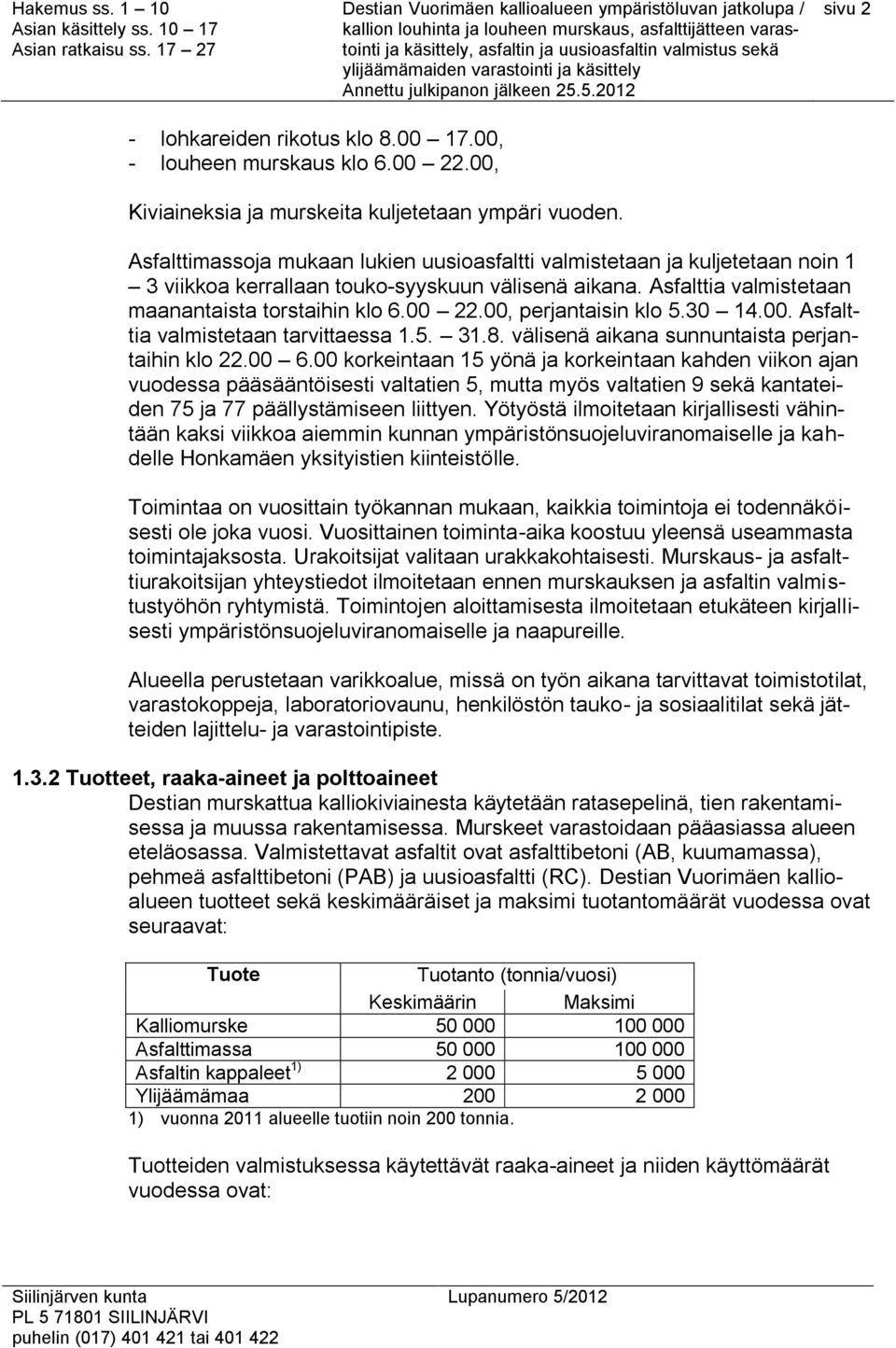 00, perjantaisin klo 5.30 14.00. Asfalttia valmistetaan tarvittaessa 1.5. 31.8. välisenä aikana sunnuntaista perjantaihin klo 22.00 6.