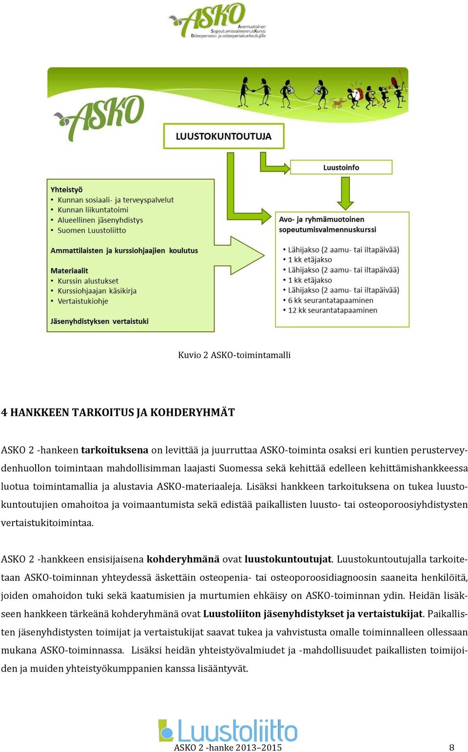 Lisäksi hankkeen tarkoituksena on tukea luustokuntoutujien omahoitoa ja voimaantumista sekä edistää paikallisten luusto- tai osteoporoosiyhdistysten vertaistukitoimintaa.