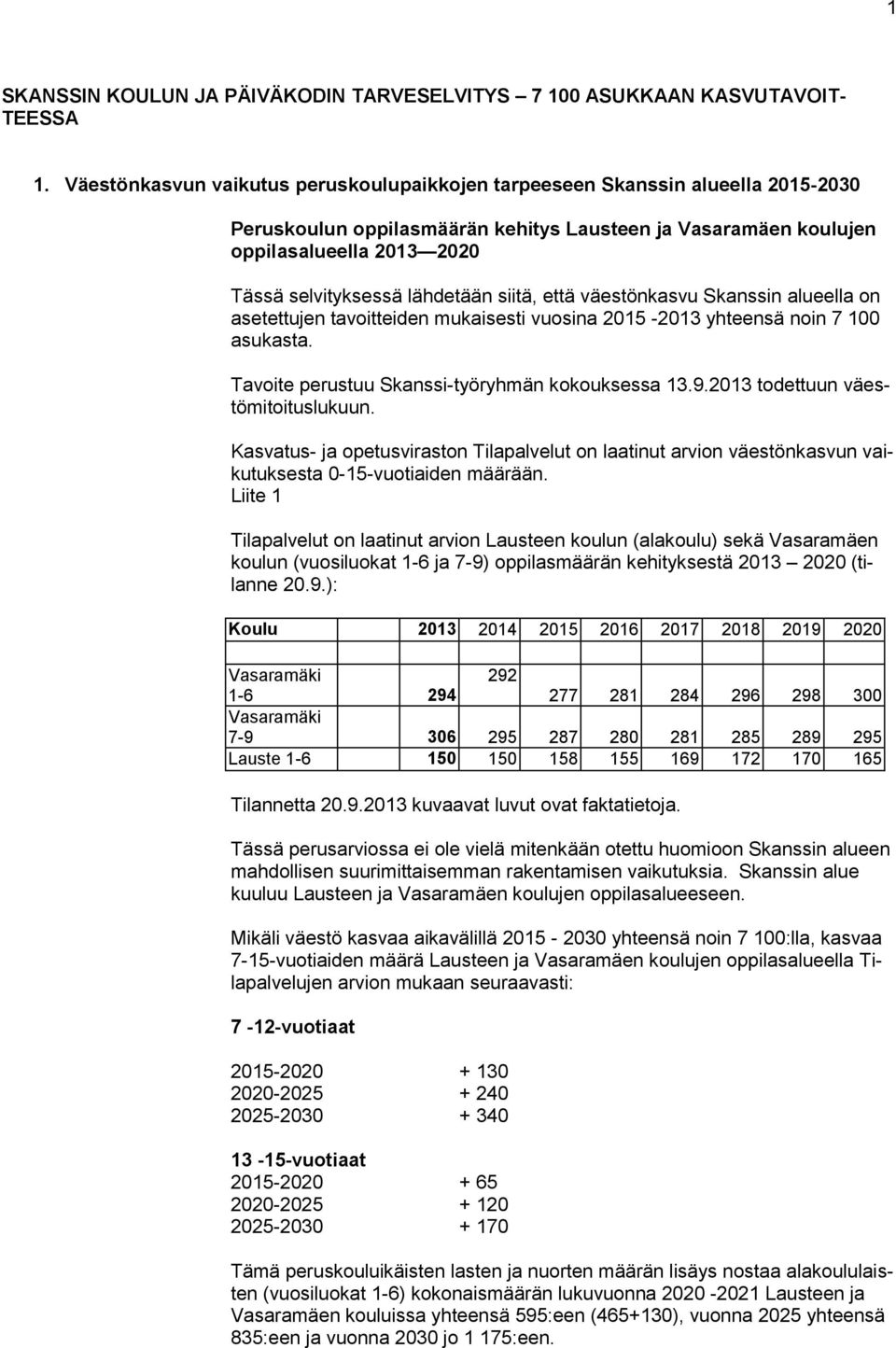 lähdetään siitä, että väestönkasvu Skanssin alueella on asetettujen tavoitteiden mukaisesti vuosina 2015-2013 yhteensä noin 7 100 asukasta. Tavoite perustuu Skanssi-työryhmän kokouksessa 13.9.