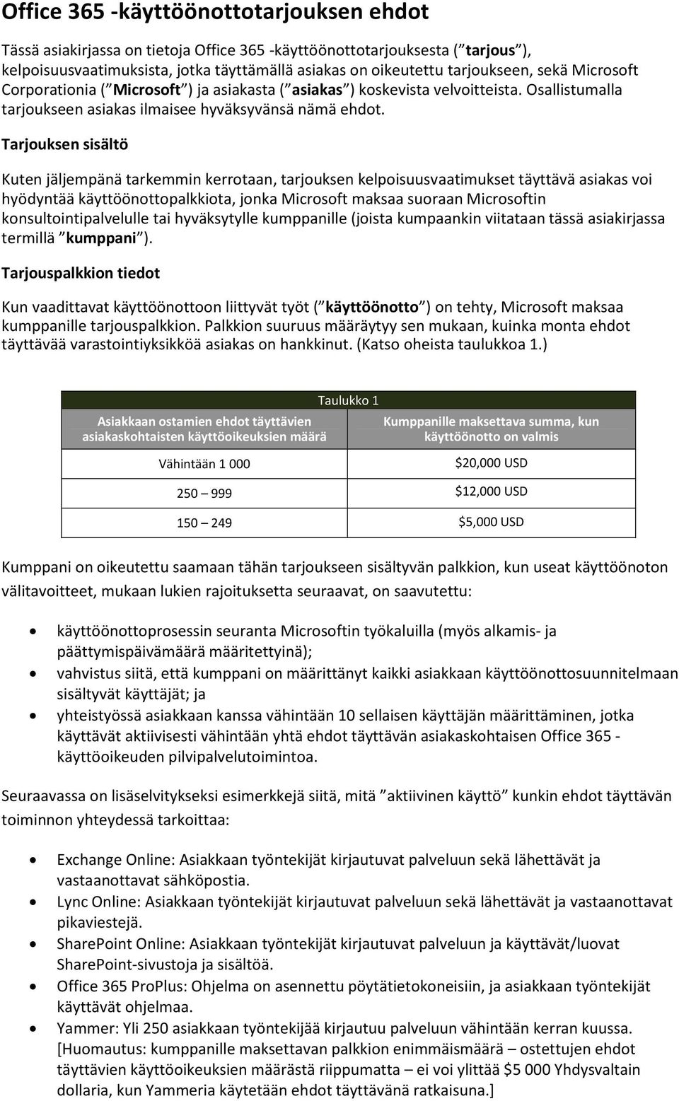 Tarjouksen sisältö Kuten jäljempänä tarkemmin kerrotaan, tarjouksen kelpoisuusvaatimukset täyttävä asiakas voi hyödyntää käyttöönottopalkkiota, jonka Microsoft maksaa suoraan Microsoftin