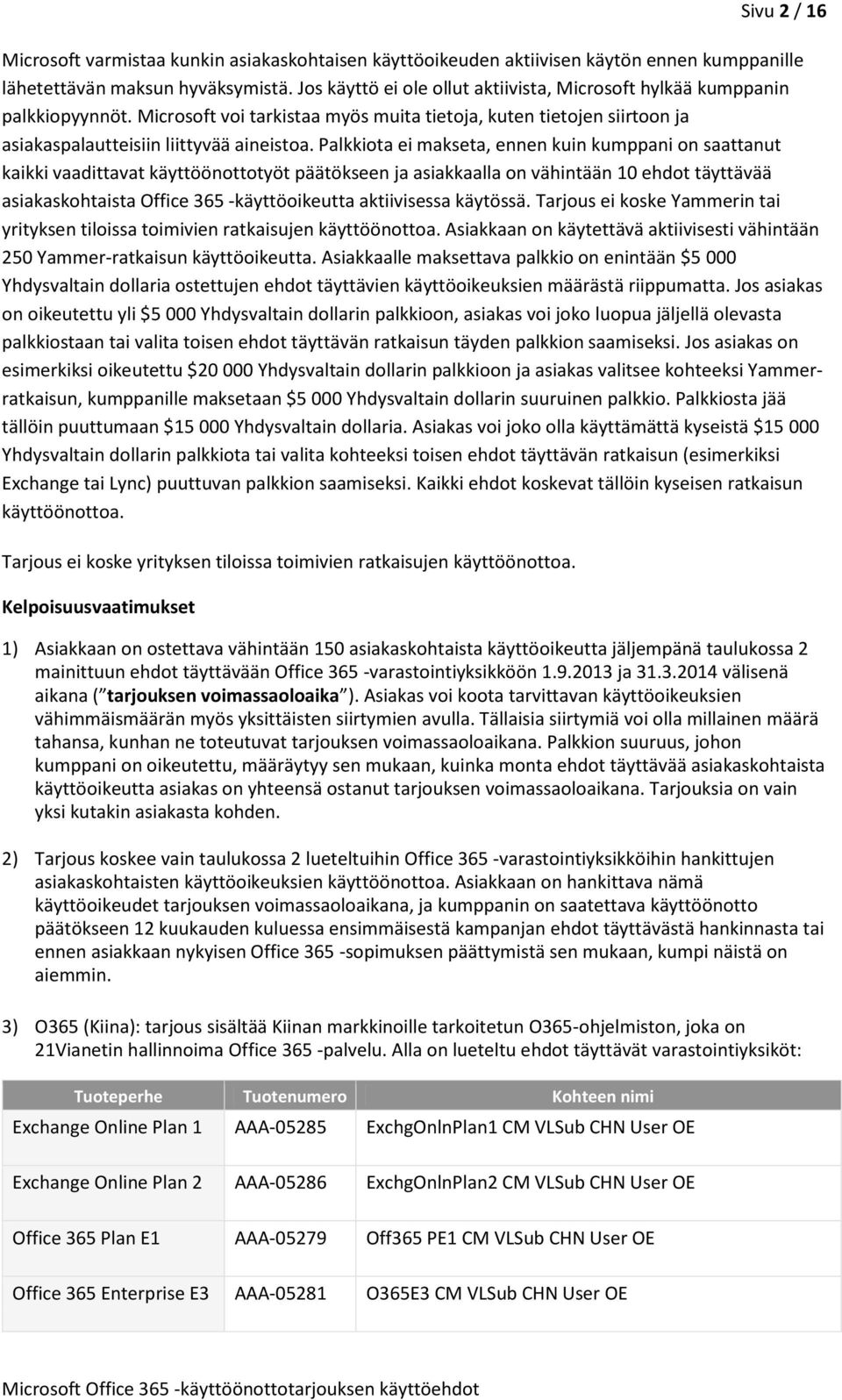 Palkkiota ei makseta, ennen kuin kumppani on saattanut kaikki vaadittavat käyttöönottotyöt päätökseen ja asiakkaalla on vähintään 10 ehdot täyttävää asiakaskohtaista Office 365 -käyttöoikeutta