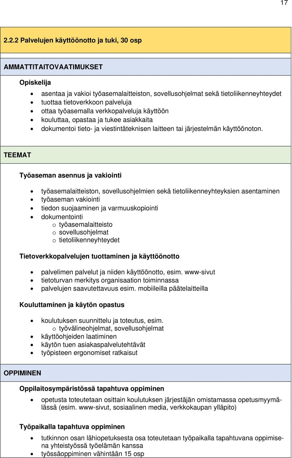 TEEMAT Työaseman asennus ja vakiointi työasemalaitteiston, sovellusohjelmien sekä tietoliikenneyhteyksien asentaminen työaseman vakiointi tiedon suojaaminen ja varmuuskopiointi dokumentointi o