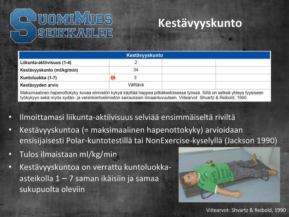 tai NonExercise-kyselyllä (Jackson 1990) Tulos ilmaistaan ml/kg/min Kestävyyskuntoa on