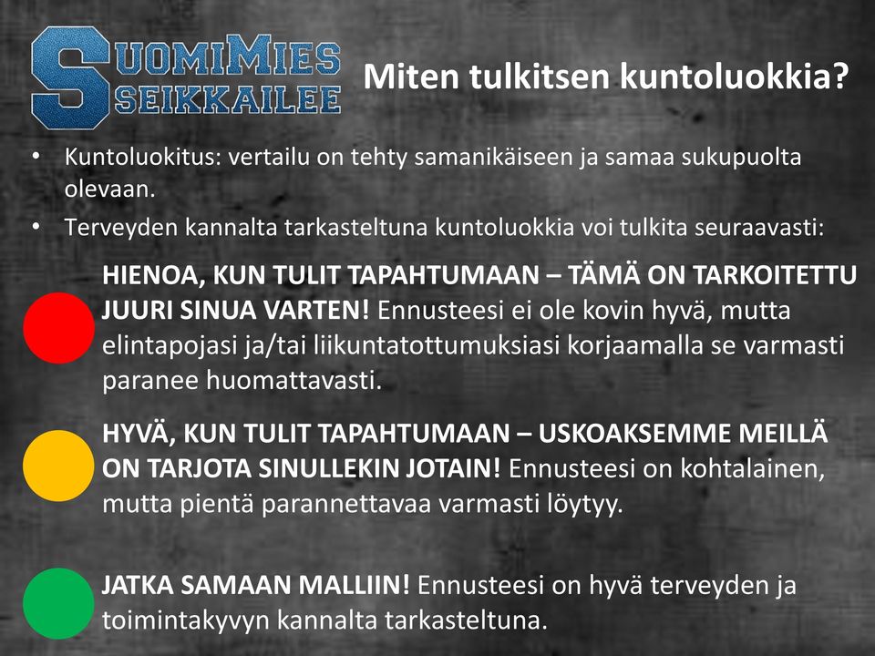 Ennusteesi ei ole kovin hyvä, mutta elintapojasi ja/tai liikuntatottumuksiasi korjaamalla se varmasti paranee huomattavasti.