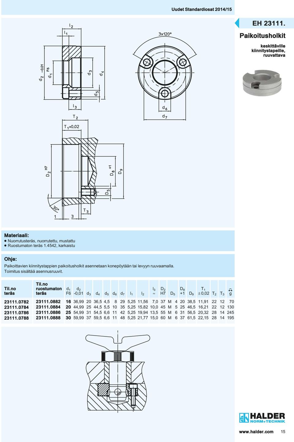 teräs ruostumaton teräs d 1 F6 d 2-0,01 d 3 d 4 d 5 d 6 d 7 l 1 l 2 l 3» D 2 H7 D 5 D 8 +1 D 9 T 1 0,02 T 2 T 3 g 23111.0782 23111.