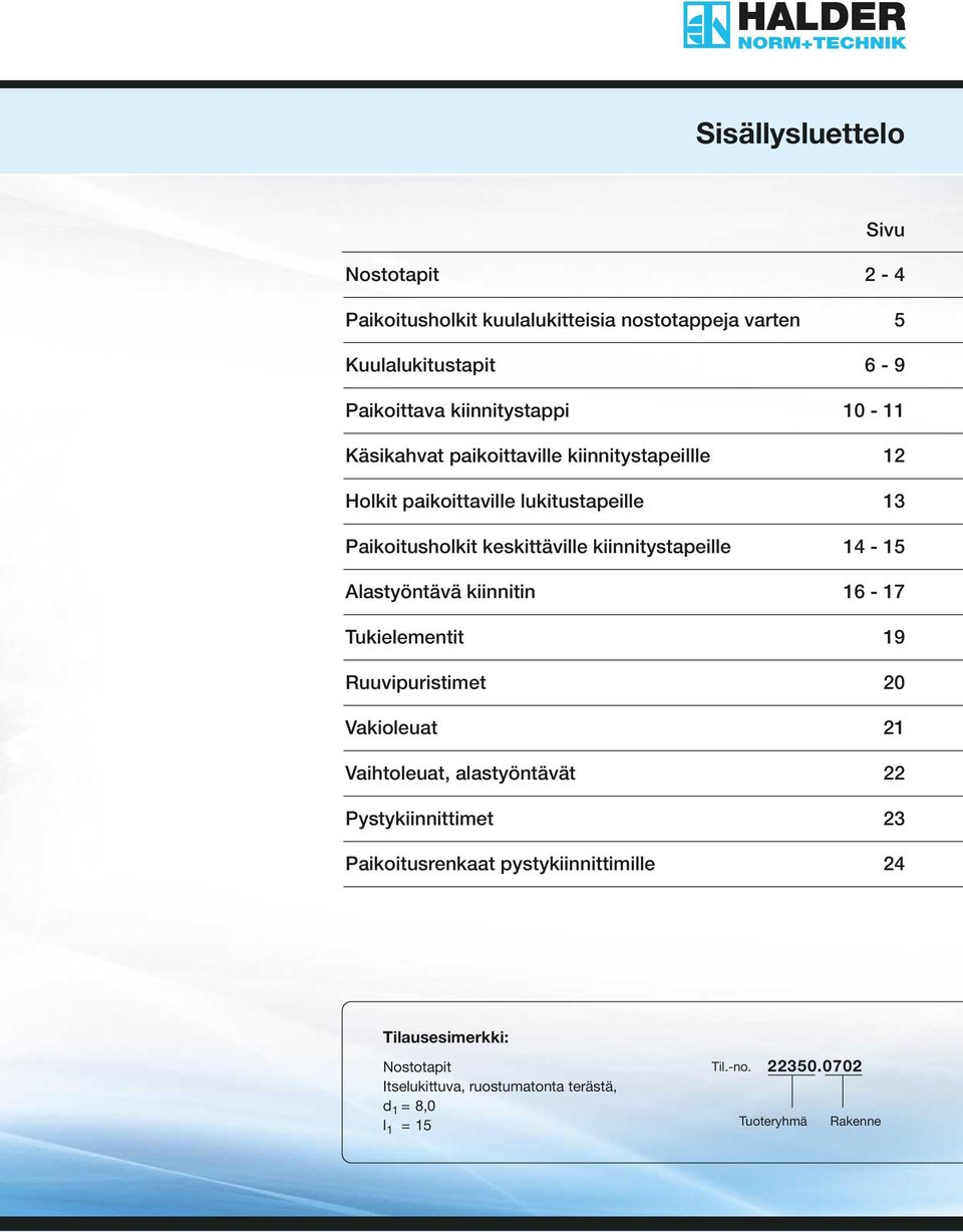 14-15 Alastyöntävä kiinnitin 16-17 Tukielementit 19 Ruuvipuristimet 20 Vakioleuat 21 Vaihtoleuat, alastyöntävät 22 Pystykiinnittimet 23