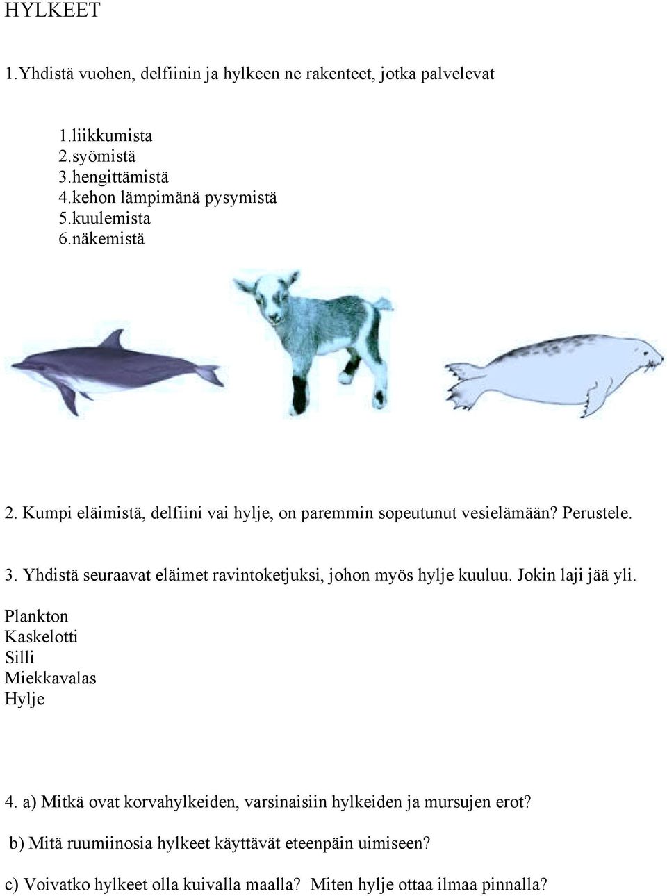 Yhdistä seuraavat eläimet ravintoketjuksi, johon myös hylje kuuluu. Jokin laji jää yli. Plankton Kaskelotti Silli Miekkavalas Hylje 4.