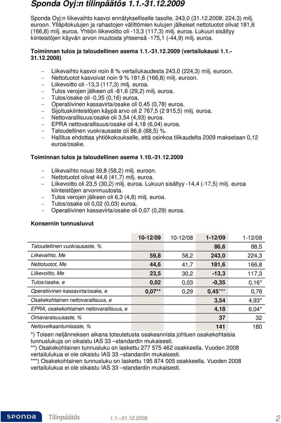 euroa. Toiminnan tulos ja taloudellinen asema 1.1.-31.12.2009 (vertailukausi 1.1.- 31.12.2008) - Liikevaihto kasvoi noin 8 % vertailukaudesta 243,0 (224,3) milj. euroon.