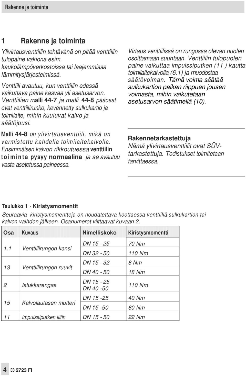 Venttiilien malli 44-7 ja malli 44-8 pääosat ovat venttiilirunko, kevennetty sulkukartio ja toimilaite, mihin kuuluvat kalvo ja säätöjousi.