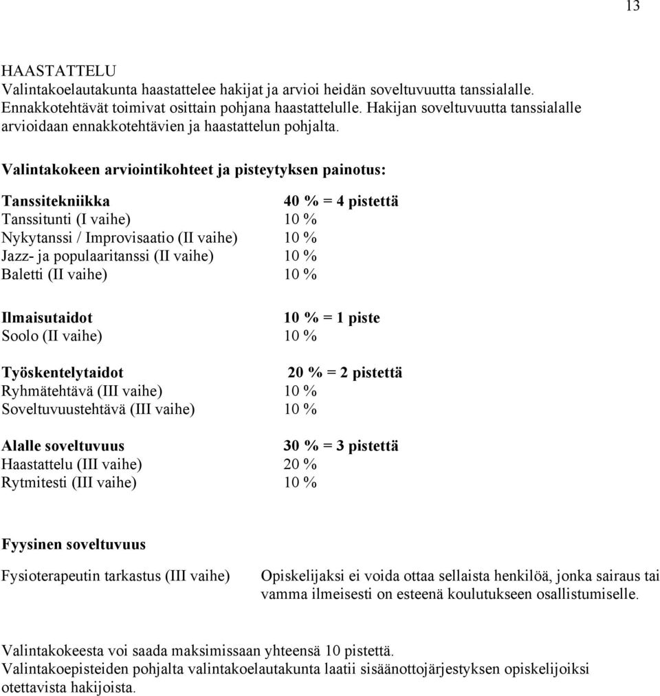 Valintakokeen arviointikohteet ja pisteytyksen painotus: Tanssitekniikka 40 % = 4 pistettä Tanssitunti (I vaihe) 10 % Nykytanssi / Improvisaatio (II vaihe) 10 % Jazz- ja populaaritanssi (II vaihe) 10