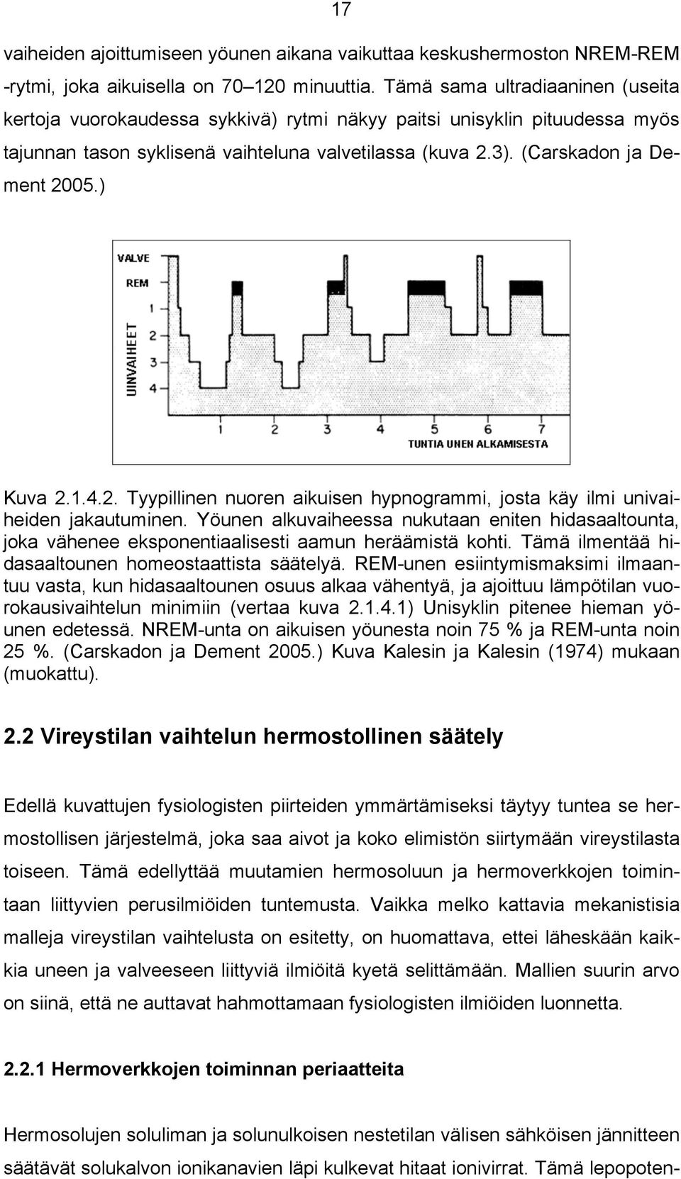 ) Kuva 2.1.4.2. Tyypillinen nuoren aikuisen hypnogrammi, josta käy ilmi univaiheiden jakautuminen.