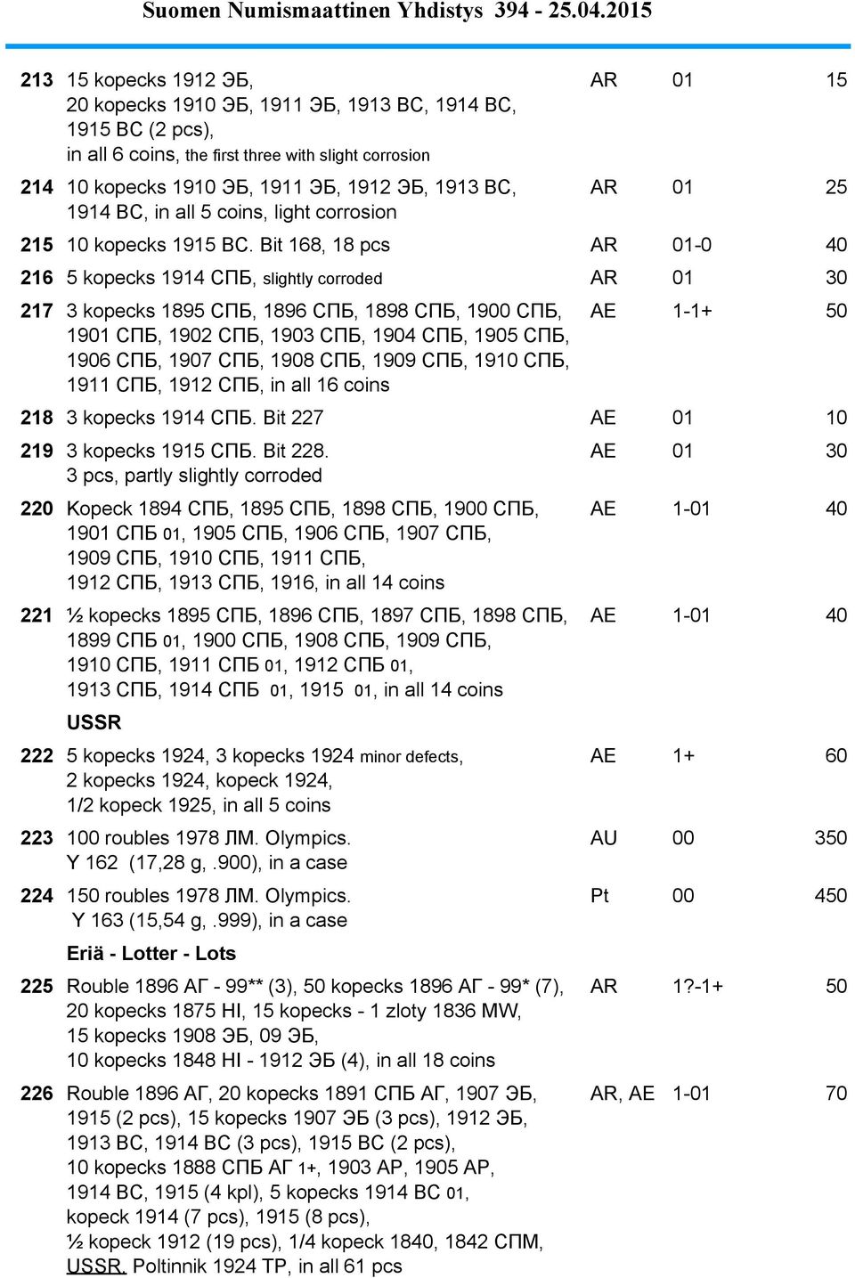 Bit 168, 18 pcs AR 01-0 40 216 5 kopecks 1914 СПБ, slightly corroded AR 01 30 217 3 kopecks 1895 СПБ, 1896 СПБ, 1898 СПБ, 1900 СПБ, 1901 СПБ, 1902 СПБ, 1903 СПБ, 1904 СПБ, 1905 СПБ, 1906 СПБ, 1907