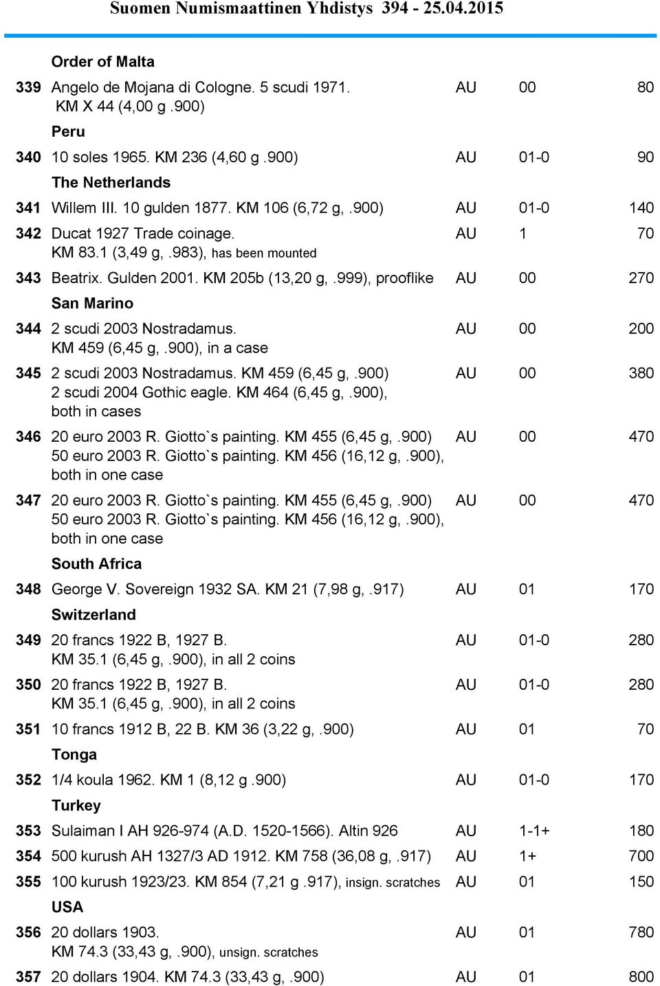 999), prooflike AU 00 270 343,5 San Marino 344 2 scudi 2003 Nostradamus. AU 00 200 KM 459 (6,45 g,.900), in a case 345 2 scudi 2003 Nostradamus. KM 459 (6,45 g,.900) AU 00 380 2 scudi 2004 Gothic eagle.