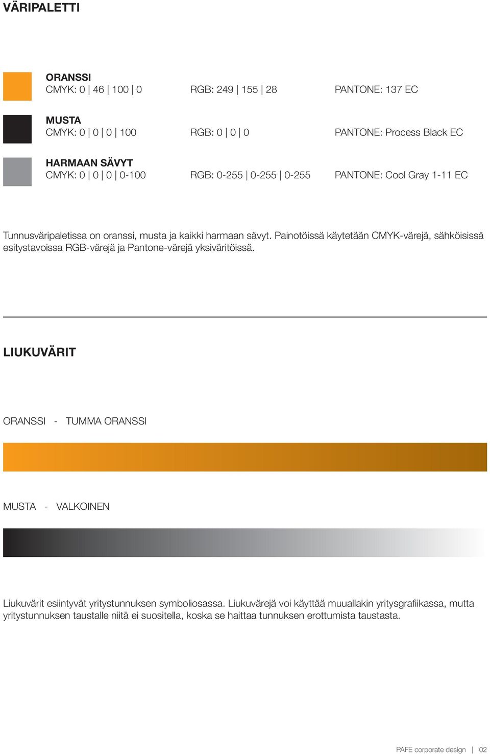 Painotöissä käytetään CMYK-värejä, sähköisissä esitystavoissa RGB-värejä ja Pantone-värejä yksiväritöissä.