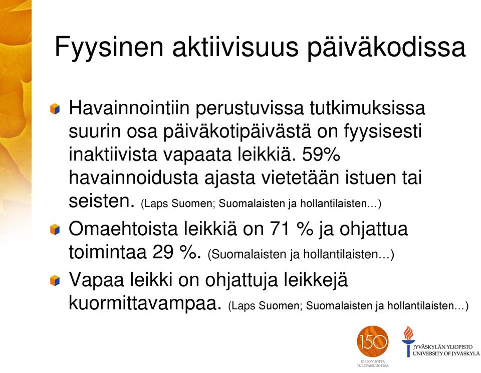 (Laps Suomen; Suomalaisten ja hollantilaisten ) Omaehtoista leikkiä on 71 % ja ohjattua toimintaa 29 %.