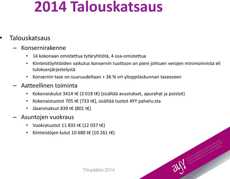 taseeseen Aatteellinen toiminta Kokonaiskulut 3414 t (3 018 t ) (sisältää avustukset, apurahat ja poistot) Kokonaistuotot 705 t (733 t ),