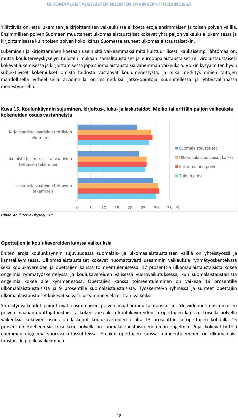 Lukeminen ja kirjoittaminen koetaan usein sitä vaikeammaksi mitä kulttuurillisesti kaukaisempi lähtömaa on, mutta kouluterveyskyselyn tulosten mukaan somalitaustaiset ja eurooppalaistaustaiset (ei