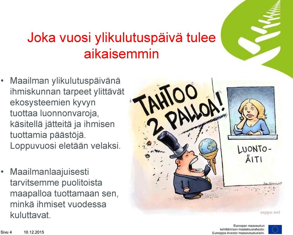 ihmisen tuottamia päästöjä. Loppuvuosi eletään velaksi.