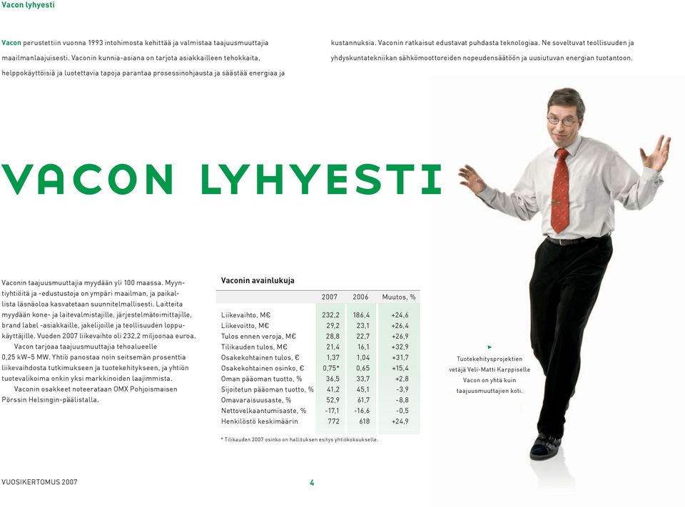 helppokäyttöisiä ja luotettavia tapoja parantaa prosessinohjausta ja säästää energiaa ja vacon lyhyesti Vaconin taajuusmuuttajia myydään yli 100 maassa.