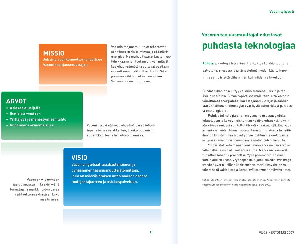 Vaconin taajuusmuuttajat edustavat puhdasta teknologiaa Puhdas teknologia (cleantech) tarkoittaa kaikkia tuotteita, palveluita, prosesseja ja järjestelmiä, joiden käyttö kuormittaa ympäristöä