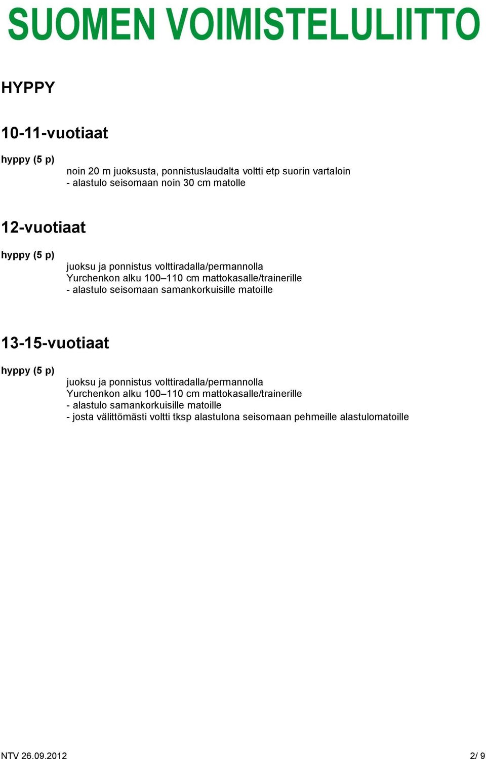 samankorkuisille matoille hyppy (5 p) juoksu ja ponnistus volttiradalla/permannolla Yurchenkon alku 100 110 cm