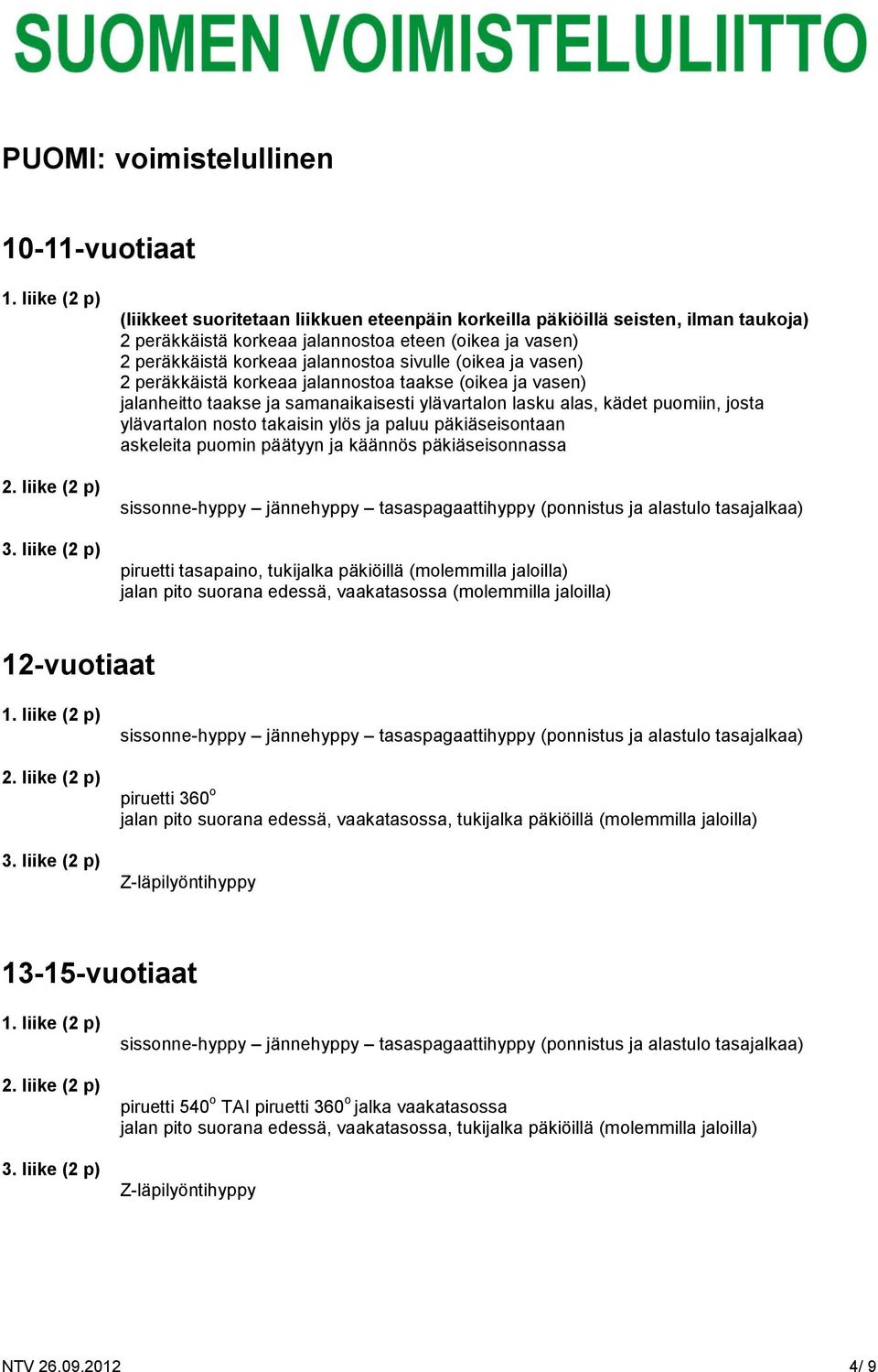 ja paluu päkiäseisontaan askeleita puomin päätyyn ja käännös päkiäseisonnassa sissonne-hyppy jännehyppy tasaspagaattihyppy (ponnistus ja alastulo tasajalkaa) piruetti tasapaino, tukijalka päkiöillä