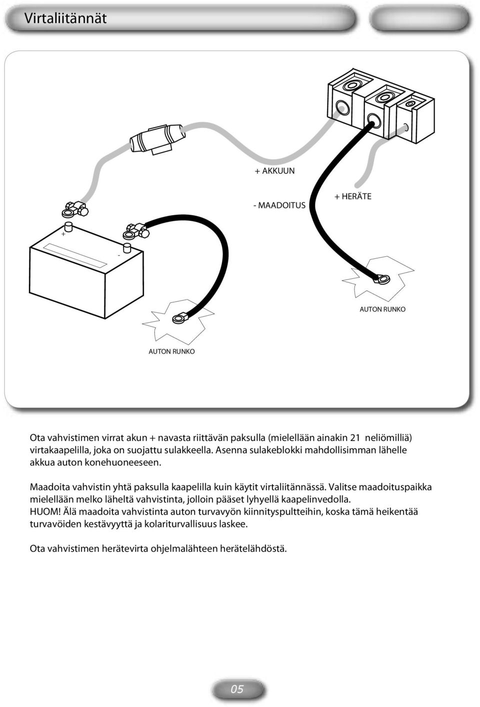 Maadoita vahvistin yhtä paksulla kaapelilla kuin käytit virtaliitännässä.