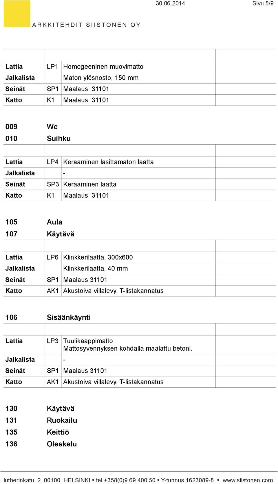 lasittamaton laatta - Seinät SP3 Keraaminen laatta K1 Maalaus 31101 105 Aula 107 Käytävä LP6 Klinkkerilaatta, 300x600