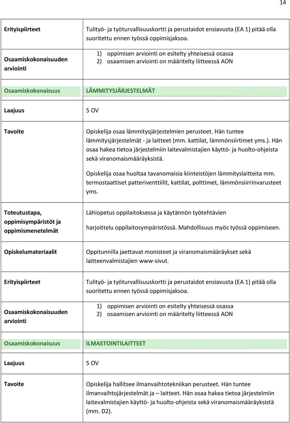 Opiskelija osaa huoltaa tavanomaisia kiinteistöjen lämmityslaitteita mm. termostaattiset patteriventtiilit, kattilat, polttimet, lämmönsiirrinvarusteet yms.