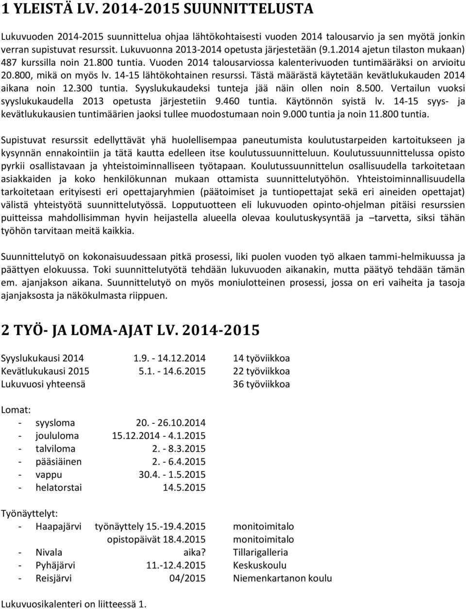 800, mikä on myös lv. 14-15 lähtökohtainen resurssi. Tästä määrästä käytetään kevätlukukauden 2014 aikana noin 12.300 tuntia. Syyslukukaudeksi tunteja jää näin ollen noin 8.500.