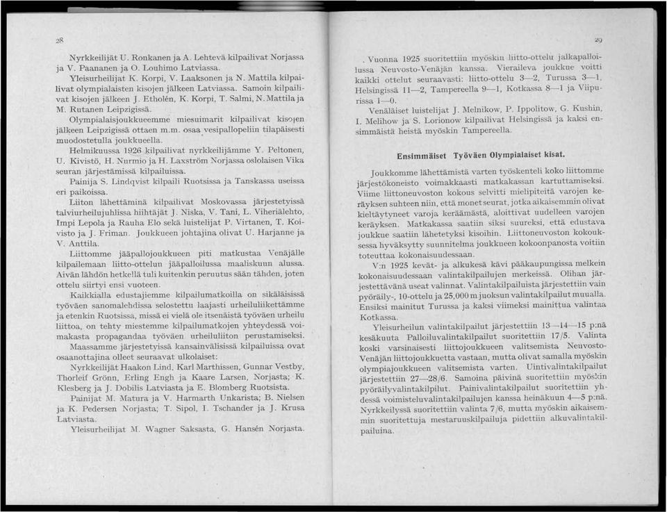 Olympialaisjoukkueemme miesuimarit kilpailivat kisojen jälkeen Leipzigissä ottaen m.m. osaa vesipallopeliin tilapäisesti muodostetulla joukkueella. Helmikuussa 1926 kilpailivat nyrkkeilijämme Y.