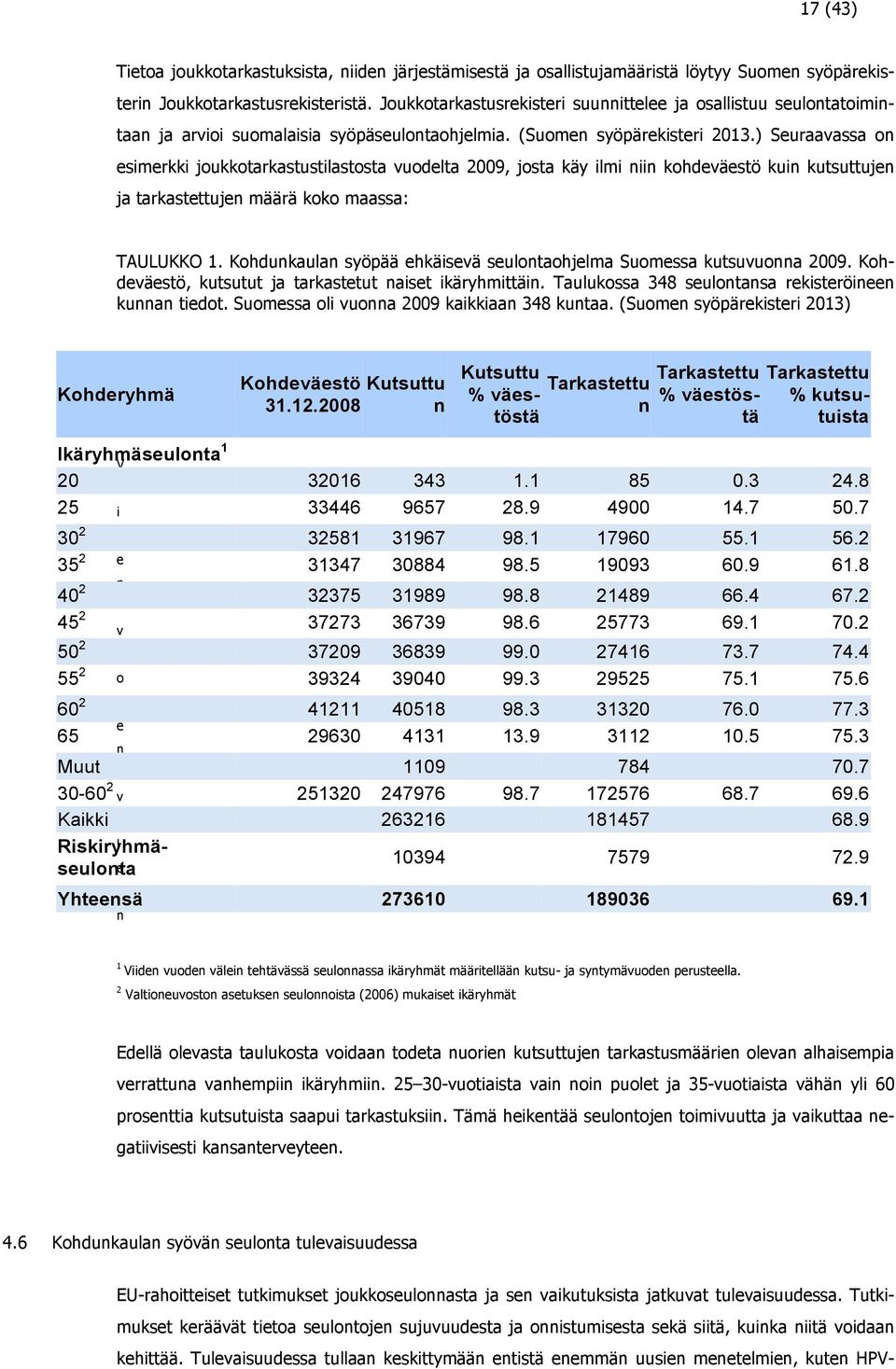 ) Seuraavassa on esimerkki joukkotarkastustilastosta vuodelta 2009, josta käy ilmi niin kohdeväestö kuin kutsuttujen ja tarkastettujen määrä koko maassa: TAULUKKO 1.