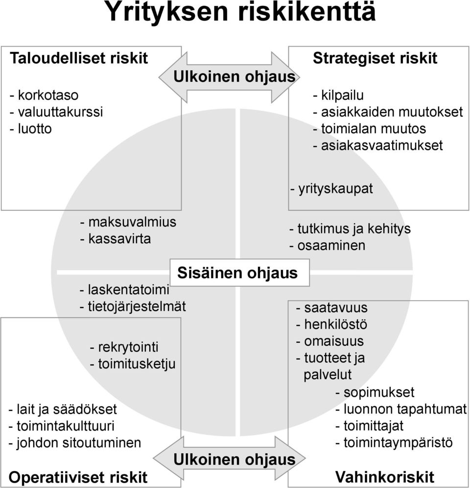 - johdon sitoutuminen Sisäinen ohjaus - laskentatoimi - tietojärjestelmät Operatiiviset riskit Ulkoinen ohjaus - yrityskaupat - tutkimus ja kehitys