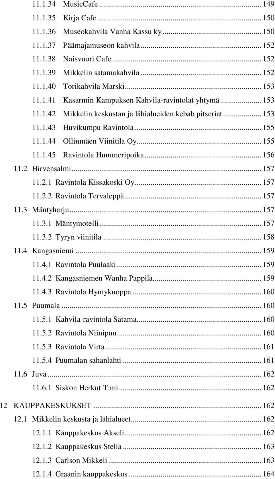 .. 155 11.1.45 Ravintola Hummeripoika... 156 11.2 Hirvensalmi... 157 11.2.1 Ravintola Kissakoski Oy... 157 11.2.2 Ravintola Tervaleppä... 157 11.3 Mäntyharju... 157 11.3.1 Mäntymotelli... 157 11.3.2 Tyryn viinitila.