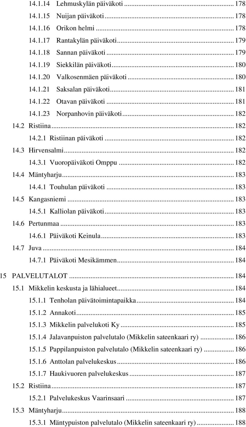 .. 182 14.3 Hirvensalmi... 182 14.3.1 Vuoropäiväkoti Omppu... 182 14.4 Mäntyharju... 183 14.4.1 Touhulan päiväkoti... 183 14.5 Kangasniemi... 183 14.5.1 Kalliolan päiväkoti... 183 14.6 Pertunmaa.