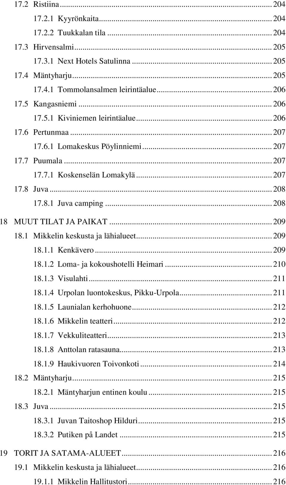 .. 208 17.8.1 Juva camping... 208 18 MUUT TILAT JA PAIKAT... 209 18.1 Mikkelin keskusta ja lähialueet... 209 18.1.1 Kenkävero... 209 18.1.2 Loma- ja kokoushotelli Heimari... 210 18.1.3 Visulahti.