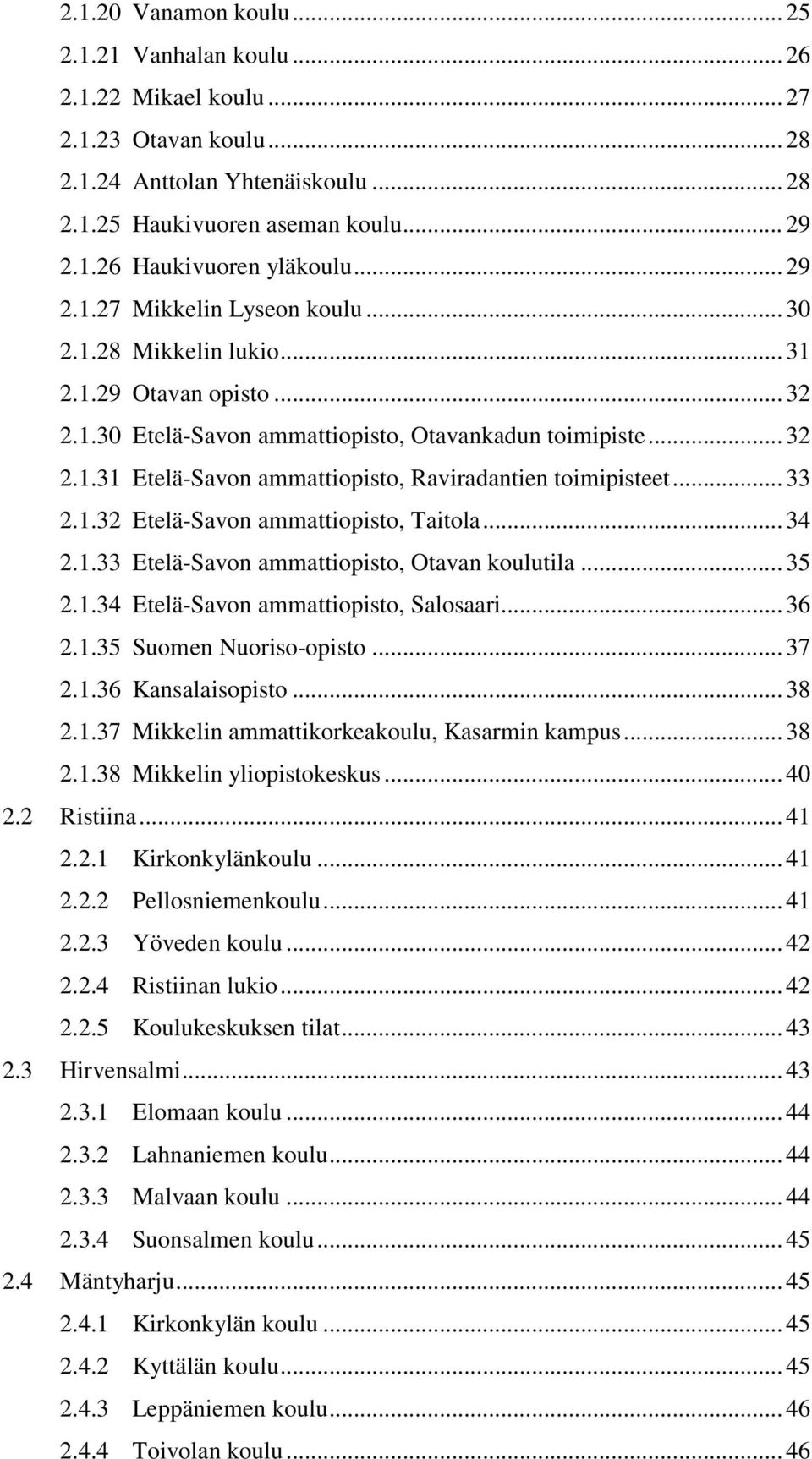 .. 33 2.1.32 Etelä-Savon ammattiopisto, Taitola... 34 2.1.33 Etelä-Savon ammattiopisto, Otavan koulutila... 35 2.1.34 Etelä-Savon ammattiopisto, Salosaari... 36 2.1.35 Suomen Nuoriso-opisto... 37 2.1.36 Kansalaisopisto.