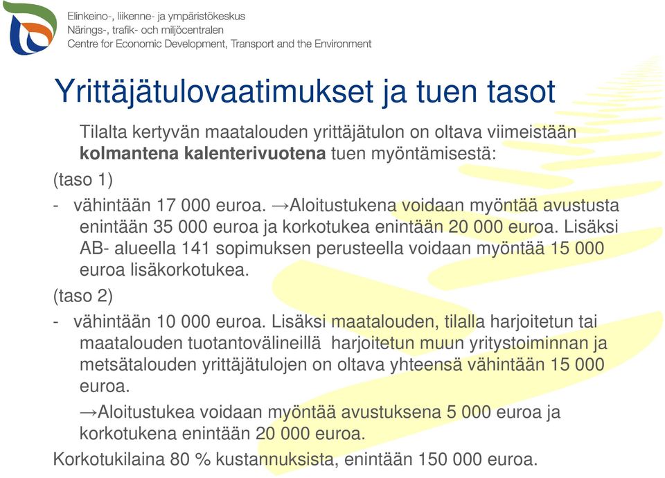 Lisäksi AB- alueella 141 sopimuksen perusteella voidaan myöntää 15 000 euroa lisäkorkotukea. (taso 2) - vähintään 10 000 euroa.