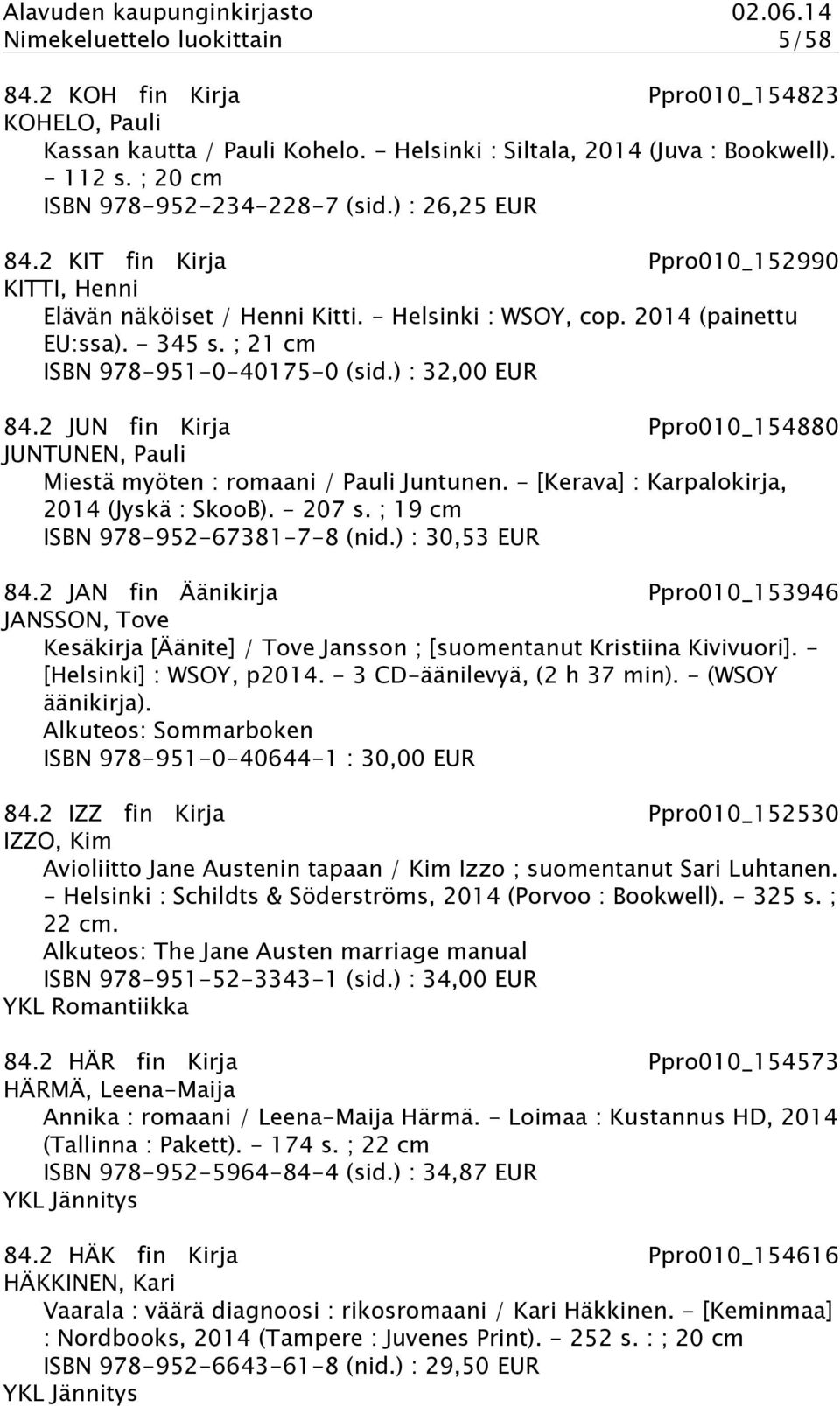 ) : 32,00 EUR 84.2 JUN fin Kirja Ppro010_154880 JUNTUNEN, Pauli Miestä myöten : romaani / Pauli Juntunen. - [Kerava] : Karpalokirja, 2014 (Jyskä : SkooB). - 207 s. ; 19 cm ISBN 978-952-67381-7-8 (nid.