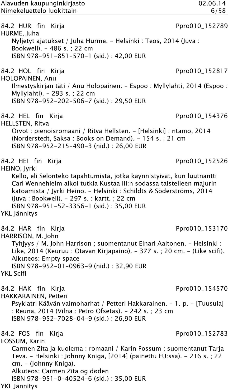 ) : 29,50 EUR 84.2 HEL fin Kirja Ppro010_154376 HELLSTEN, Ritva Orvot : pienoisromaani / Ritva Hellsten. - [Helsinki] : ntamo, 2014 (Norderstedt, Saksa : Books on Demand). - 154 s.