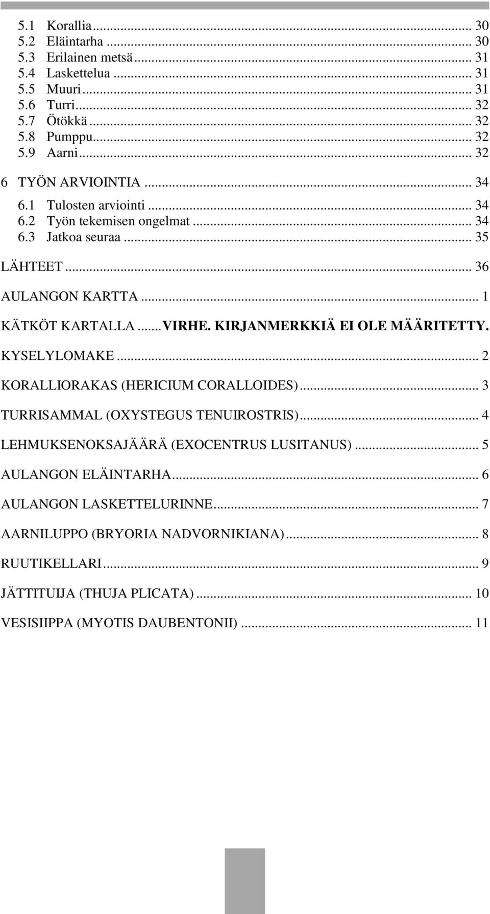 KIRJANMERKKIÄ EI OLE MÄÄRITETTY. KYSELYLOMAKE... 2 KORALLIORAKAS (HERICIUM CORALLOIDES)... 3 TURRISAMMAL (OXYSTEGUS TENUIROSTRIS)... 4 LEHMUKSENOKSAJÄÄRÄ (EXOCENTRUS LUSITANUS).