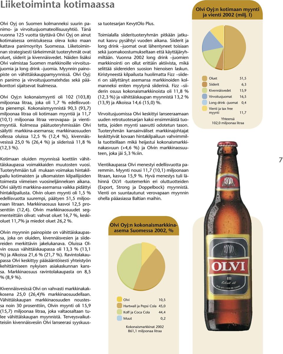 Liiketoiminnan strategisesti tärkeimmät tuoteryhmät ovat oluet, siiderit ja kivennäisvedet. Näiden lisäksi Olvi valmistaa Suomen markkinoille virvoitusjuomia ja long drink juomia.