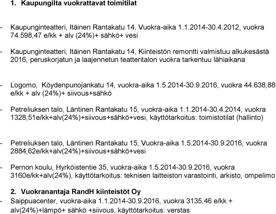 - Logomo, Köydenpunojankatu 14, vuokra-aika 1.5.2014-30.9.2016, vuokra 44.638,88 e/kk + alv (24%)+ siivous+sähkö - Petreliuksen talo, Läntinen Rantakatu 15, vuokra-aika 1.1.2014-30.4.2014, vuokra 1328,51e/kk+alv(24%)+siivous+sähkö+vesi, käyttötarkoitus: toimistotilat (hallinto) - Petreliuksen talo, Läntinen Rantakatu 15, Vuokra-aika 1.