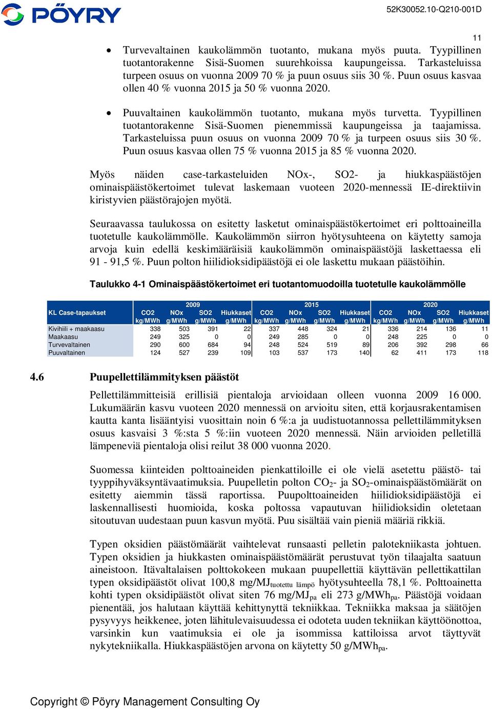 Tarkasteluissa puun osuus on vuonna 2009 70 % ja turpeen osuus siis 30 %. Puun osuus kasvaa ollen 75 % vuonna 2015 ja 85 % vuonna 2020.
