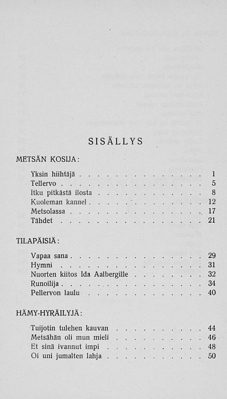 17 Tähdet 21 TILAPÄISIÄ: Vapaa sana 29 Hymni 31 Nuorten kiitos Ida Aalbergille 32