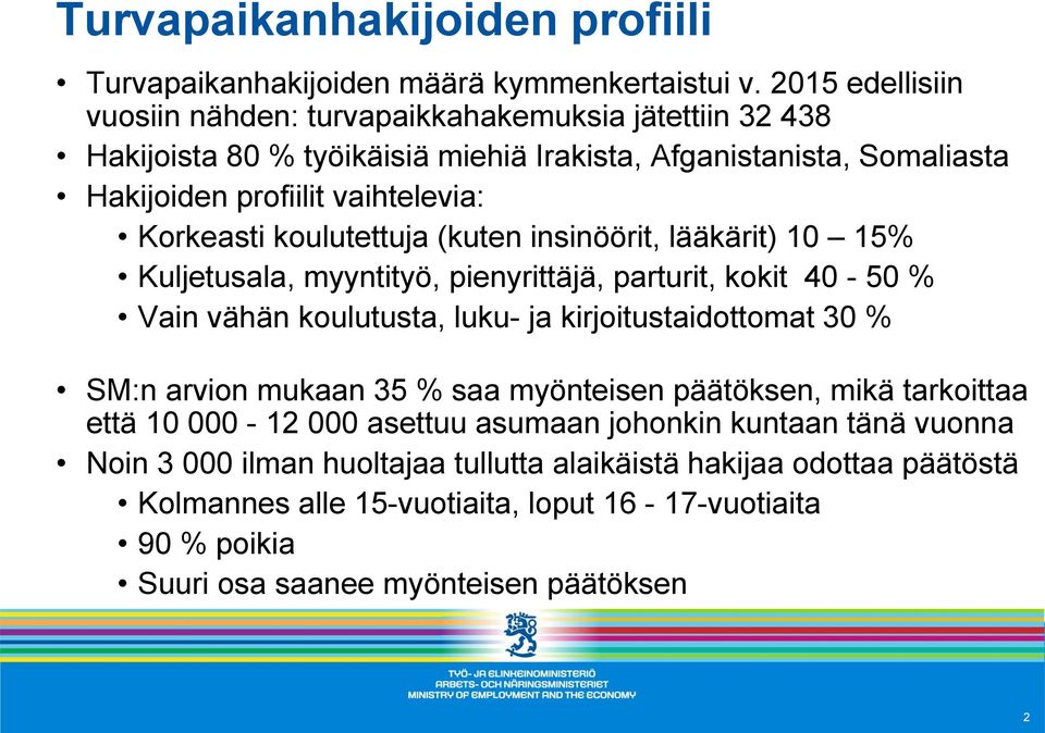 Korkeasti koulutettuja (kuten insinöörit, lääkärit) 10 15% Kuljetusala, myyntityö, pienyrittäjä, parturit, kokit 40-50 % Vain vähän koulutusta, luku- ja kirjoitustaidottomat 30 % SM:n