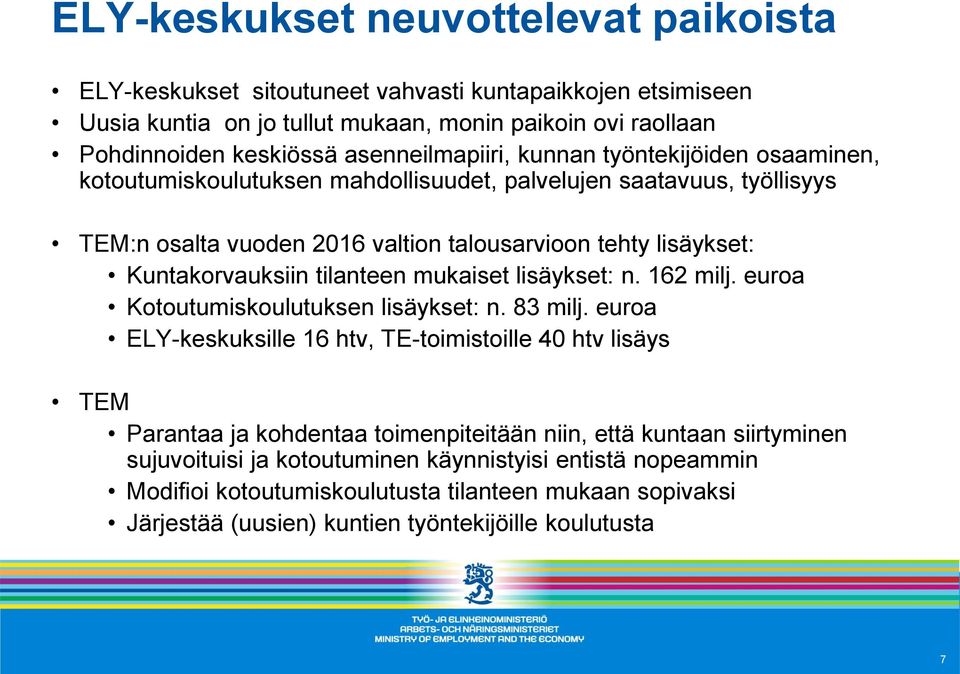 Kuntakorvauksiin tilanteen mukaiset lisäykset: n. 162 milj. euroa Kotoutumiskoulutuksen lisäykset: n. 83 milj.