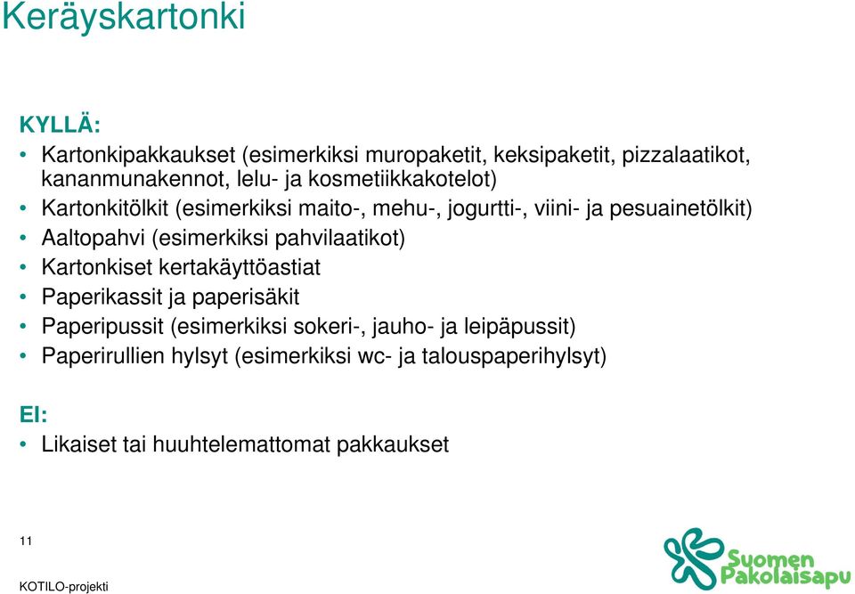 (esimerkiksi pahvilaatikot) Kartonkiset kertakäyttöastiat Paperikassit ja paperisäkit Paperipussit (esimerkiksi sokeri-,